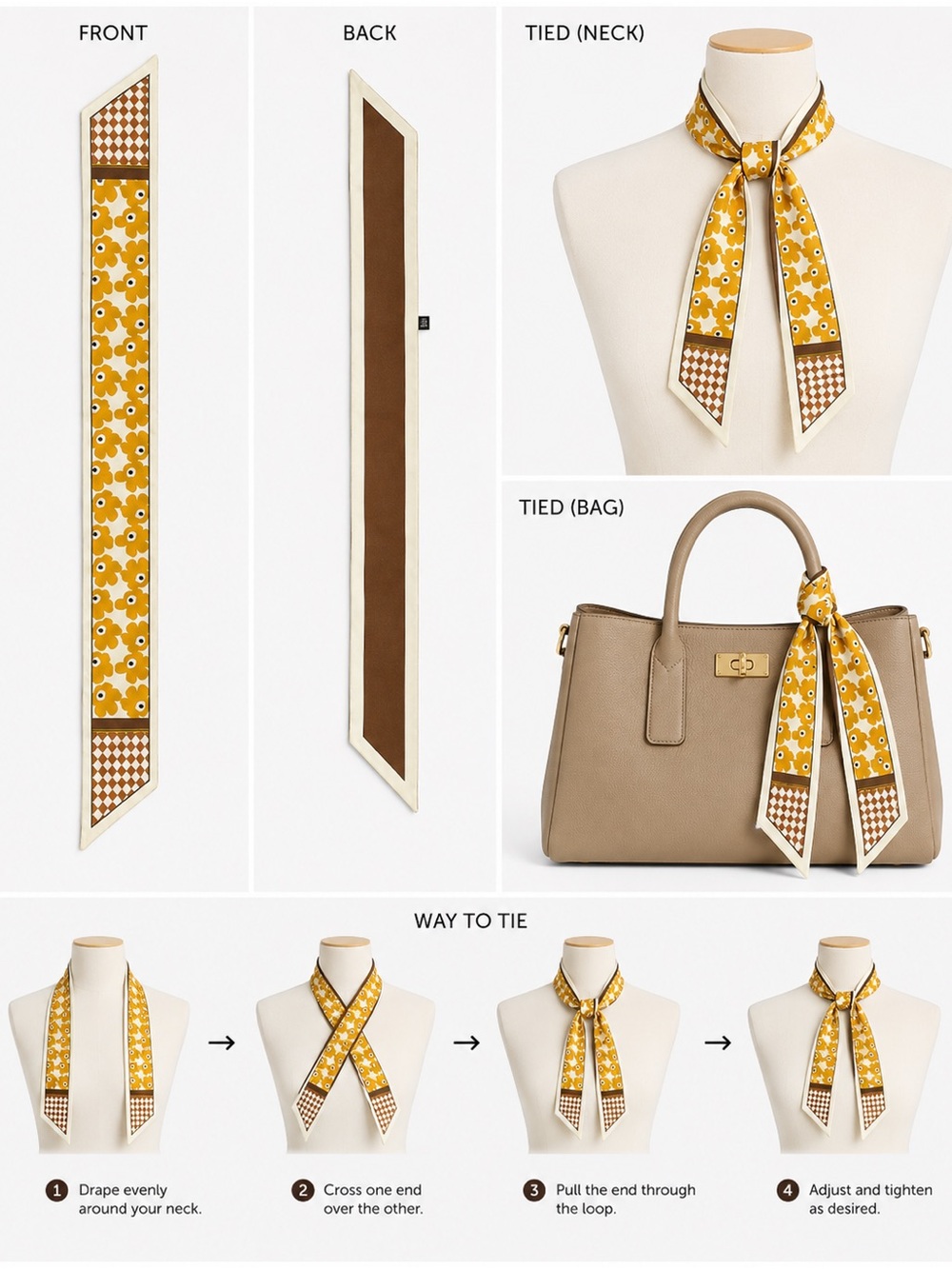Yellow Floral Skinny Scarf Tie for Women